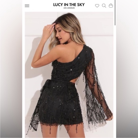 Lucy in the Sky One Shoulder Black Fringe Sequin Cut-Out Dress, Size Small - Picture 2 of 4